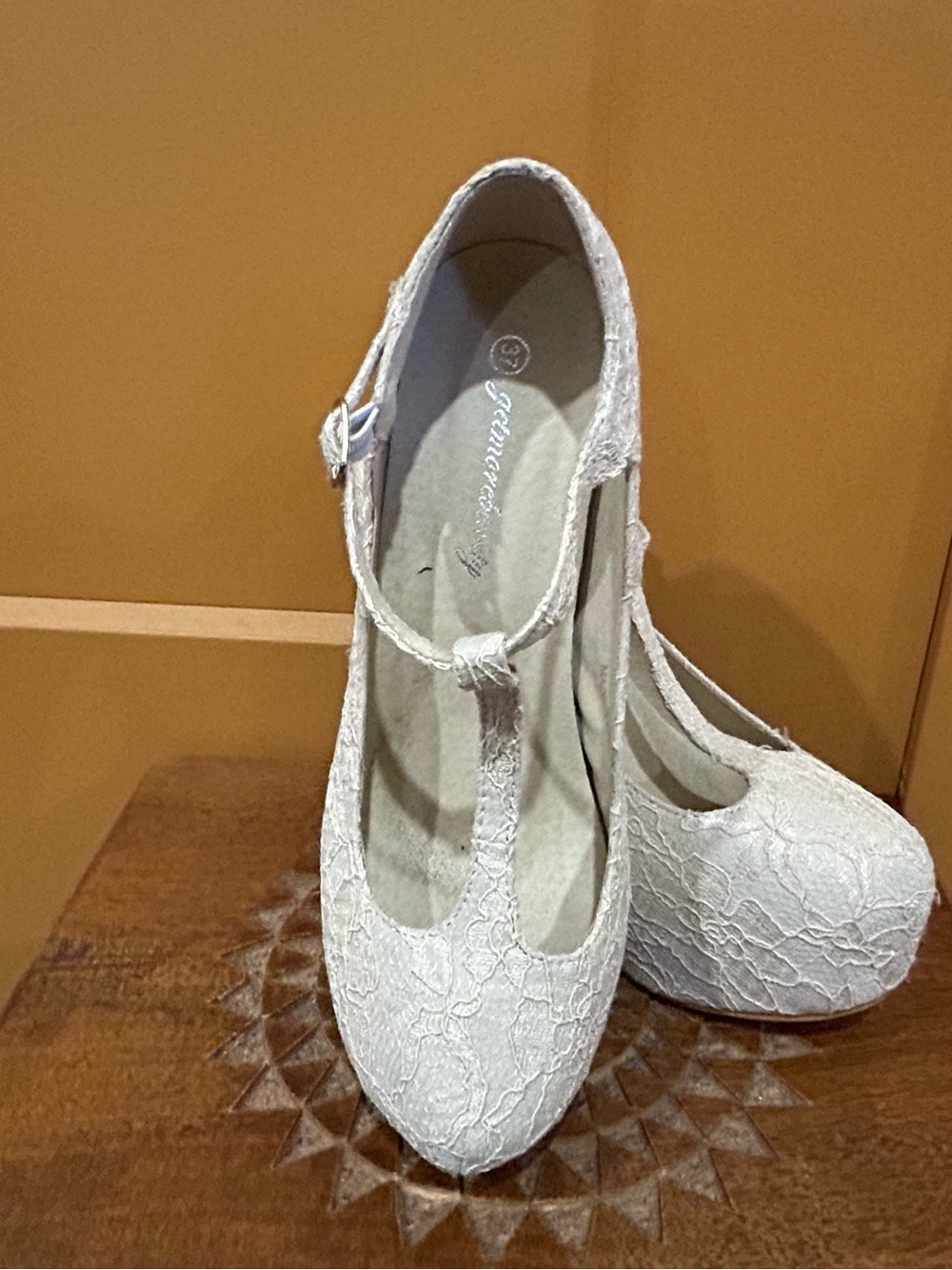 Lace T-Strap Heels in Ivory